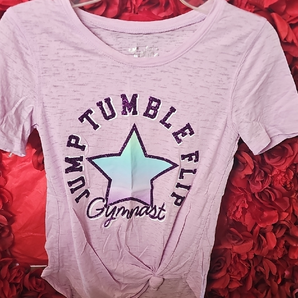 Justice Girls Purple Jump, Tumble. Flip Gymnast Tie Front T-Shirt Size 8